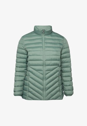 Lichtgroene gewatteerde donzen jas met horizontale en chevron-stiksels, hoge kraag, volledige ritssluiting aan de voorkant en ritssluiting-zijzakken.