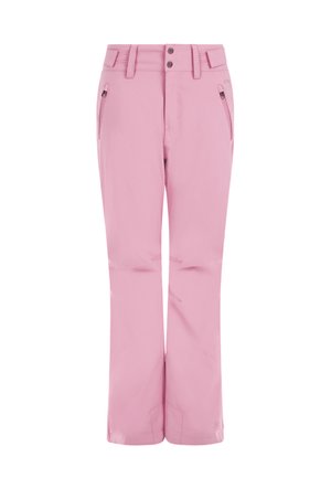 Roze rechte broek met voorzakken met rits, riemlussen en dubbele knoopsluiting, weergegeven op een witte achtergrond.