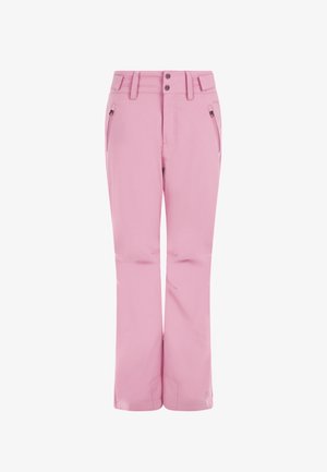 Pink straight-leg pants with front zipper pockets, belt loops, and double button closure, displayed on a white background.