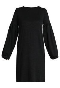 Vestido negro con escote redondo, mangas largas abullonadas y puños fruncidos. Hecho de una tela suave, presenta una silueta simple y recta.