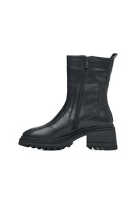 Zwarte leren enkellaarzen met een gladde afwerking, een rits aan de zijkant en ribbelaccenten op de hak. Stevige zool met gripfuncties.