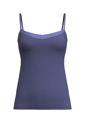 V-hals cami in een diepe blauwe stof met dunne bandjes en een zachte textuur. Heeft een getailleerd ontwerp en subtiele stiksels aan de onderkant.