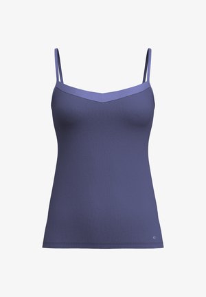 V-neck camisole in a deep blue fabric with thin straps and a smooth texture. Features a fitted design and subtle stitching at the hem.