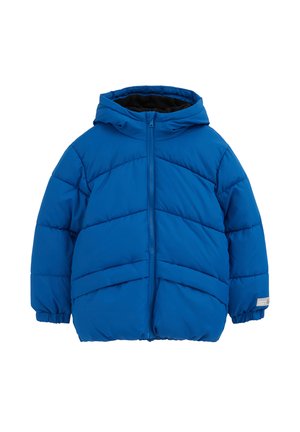 Veste d'hiver matelassée bleue avec capuche, fermeture éclair devant, coutures diagonales et poignets élastiques, conçue pour temps froid.