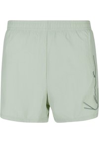 Lyse grønne shorts laget av lett stoff, med elastisk bukselinning og et enkelt grafisk design på venstre side.