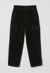 Svarta cargo byxor med kontrasterande grön sömnad, med två sidofickor och rak bendesign. Tillverkade i ett slitstarkt tyg.