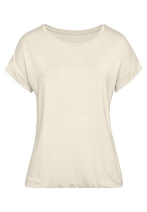 Short-sleeve, loose-fitting t-shirt in a cream color. Made of soft fabric with a round neckline and rolled cuff sleeves. Smooth texture.