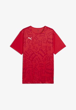 Rotes Puma-Sportshirt mit kurzen Ärmeln, abstraktem dunkelrotem Muster und weißem Puma-Logo auf der linken Brustvorderseite.