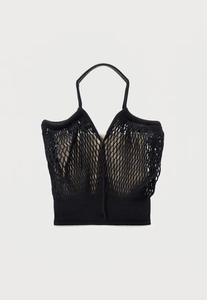 Top corto in rete nera con spalline elastiche e corpo aderente. Caratterizzato da una trama a rete larga e base solida, che consente traspirabilità.