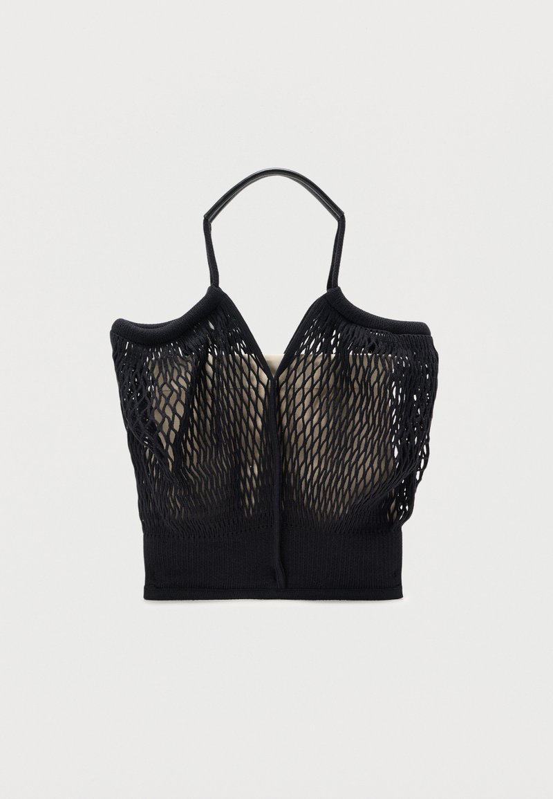 Μαύρο crop top από δίχτυ με ελαστικούς ιμάντες και εφαρμοστό μπούστο. Διαθέτει ευρύ δίχτυ με υφή και στερεή βάση, που επιτρέπει την αναπνοή του δέρματος.