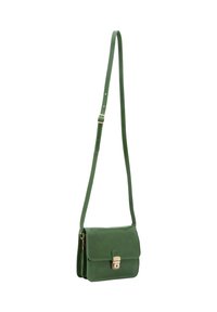 Borsa a tracolla in pelle verde con chiusura a patta, hardware color oro e tracolla regolabile. Texture liscia con dettagli di cucitura a contrasto.