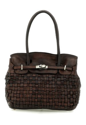 Borsa a mano in pelle marrone scuro con metà inferiore a trama intrecciata, sezione superiore liscia, due manici arrotondati e chiusura con fermaglio color argento.