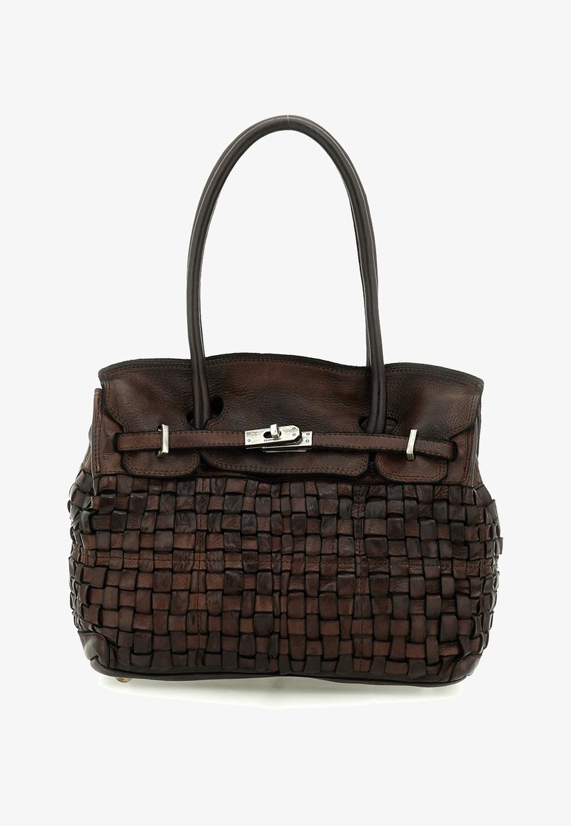 Borsa a mano in pelle marrone scuro con metà inferiore a trama intrecciata, sezione superiore liscia, due manici arrotondati e chiusura con fermaglio color argento.