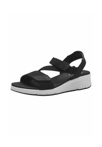 Sandalias negras ajustables con amplias correas de tela, una suela acolchada y una media suela blanca en forma de cuña. Detalles texturizados en las correas.