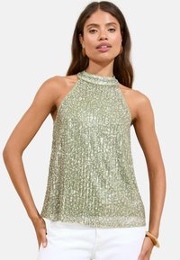 Light green sleeveless top with a high neckline, featuring vertical sequins and a flowing design. Smooth texture, slight shimmer.