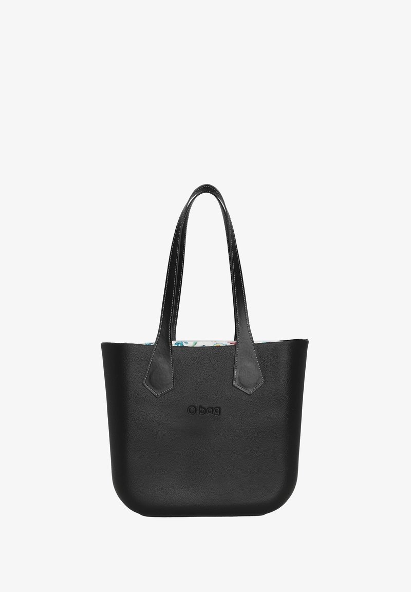 Zwarte leren totebag met twee rond gevormde handvatten, gladde buitenkant en kleurrijke, gepatterneerde binnenkant. Beschikt over een subtiele logo aan de voorkant.