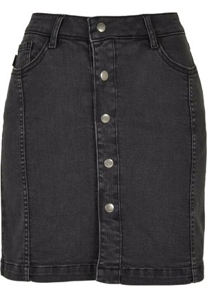 Jupe en denim noire avec une fermeture à boutons sur le devant et cinq boutons en métal. Comprend deux poches avant et un design à coupe droite.
