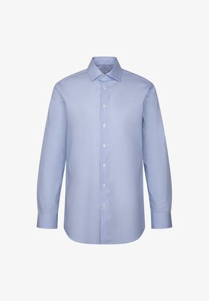 Lichtblauw overhemd met lange mouwen en een klein, geometrisch patroon. Voorzien van een brede kraag en een knoopsluiting aan de voorkant, gemaakt van een gladde stof.