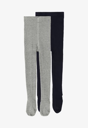 Due coppie di leggings: una grigia e una blu navy. Entrambi hanno una texture liscia e un design semplice con fondo a piedi.