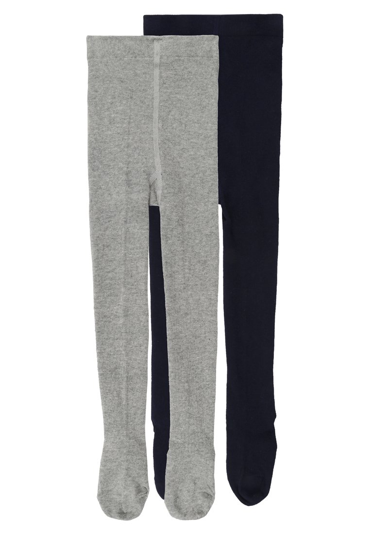 Due coppie di leggings: una grigia e una blu navy. Entrambi hanno una texture liscia e un design semplice con fondo a piedi.