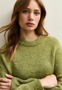 Maglione verde a maglia con un collo alto e a coste, materiale testurizzato e maniche lunghe. Il modello posa con le braccia incrociate su uno sfondo neutro.