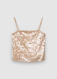 Nude sequined camisole top with thin straps, featuring a smooth texture and reflective sequins arranged in a pattern across the fabric.