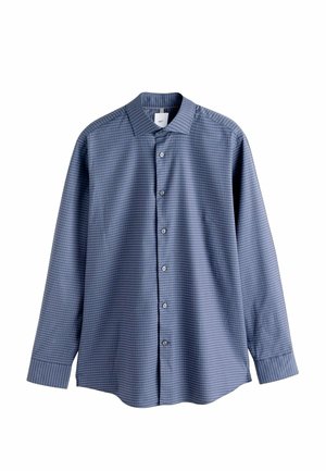 Long-sleeve, button-up shirt in navy blue with a subtle checkered pattern, made from smooth fabric, featuring a classic collar and cuffs.