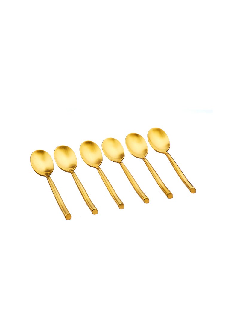 Set med sex ekguld rostfria skedar med utsträckta handtag och rundade skålar, med en slät, matt yta.