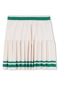 Πλισέ μίνι φούστα σε μπεζ, με πράσινη ριγέ ζώνη στη μέση και αντίθετες λευκές ρίγες στο τελείωμα. Μαλακό ύφασμα με ραβδωτή υφή.