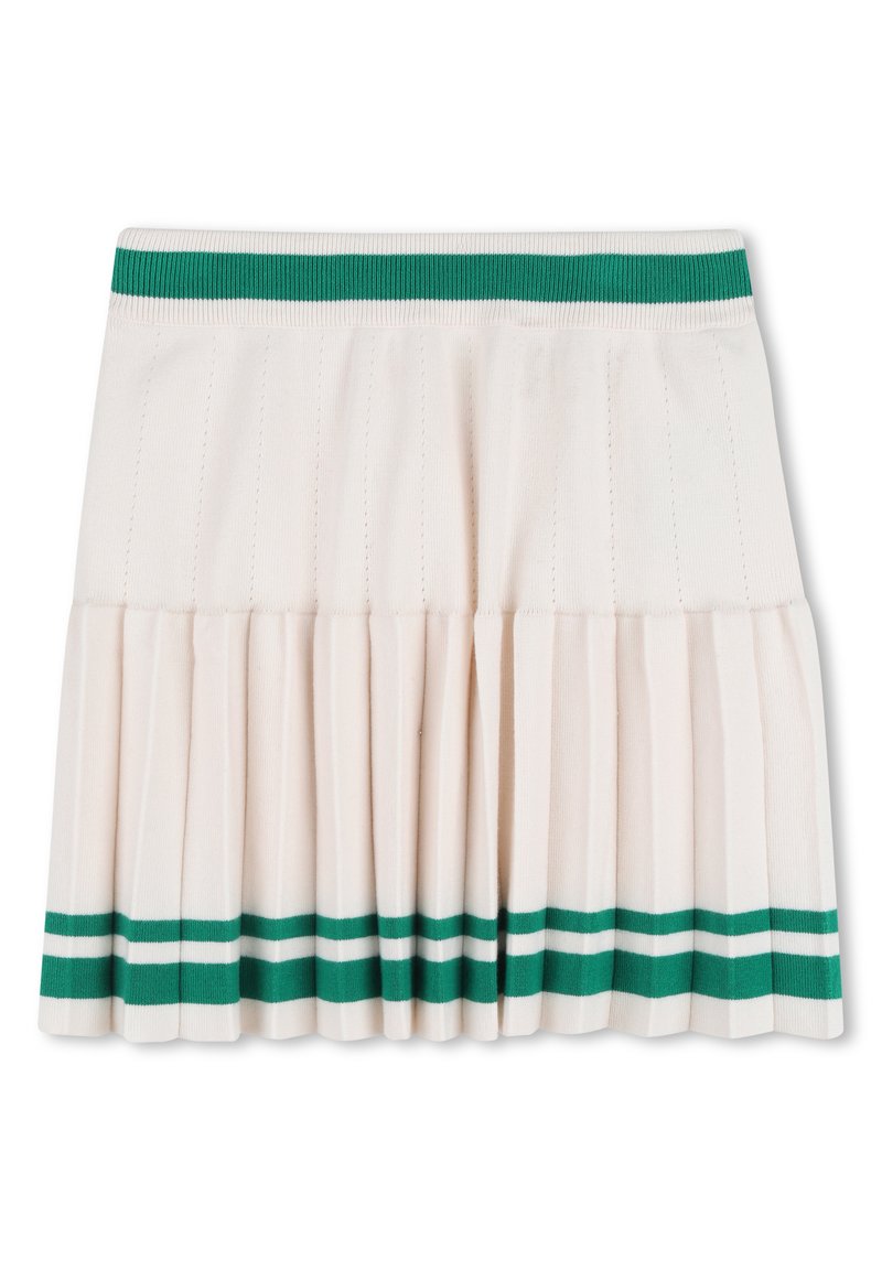 Πλισέ μίνι φούστα σε μπεζ, με πράσινη ριγέ ζώνη στη μέση και αντίθετες λευκές ρίγες στο τελείωμα. Μαλακό ύφασμα με ραβδωτή υφή.