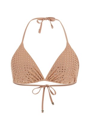Bikini top v tělové barvě s trojúhelníkovými košíčky, ozdobami se třpytkami a nastavitelnými šňůrkami na krku a za zády pro bezpečné upevnění.