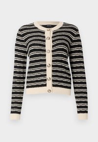 Zwart en crèmekleurige gestreepte cardigan met een geribbeld zoom, lange mouwen en grote knopen aan de voorkant. Gebreide textuur met een klassieke pasvorm.