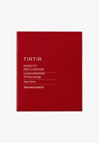 Rote rechteckige Box mit weißem Text, beschriftet mit "TIRTIR," "MASK FIT RED CUSHION" und Produktdetails. Enthält 18 g leuchtenden Maskenschild.