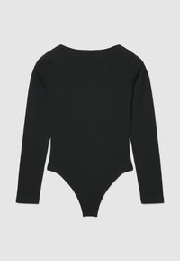 Body nero a maniche lunghe realizzato in tessuto morbido, con scollo rotondo e parte inferiore in stile perizoma. Texture liscia, design semplice.