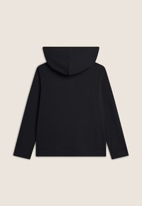 Felpa nera con cappuccio e maniche lunghe, tessuto morbido e design semplice. Presenta una tasca frontale e un orlo arrotondato.