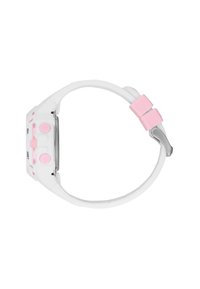 Orologio sportivo digitale bianco con pulsanti e dettagli rosa, quadrante rotondo, cinturino in silicone e chiusura in metallo. Dettagli notevoli includono l'etichetta 'LIGHT'.