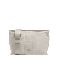 Beżowa prostokątna torba na ramię z szerokim, regulowanym paskiem, srebrną klamrą oraz logo "BIMBA Y LOLA" umieszczonym na środkowej części przedniego panelu.