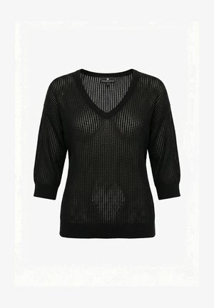 Maglione nero a collo a V lavorato a maglia con maniche a tre quarti e un motivo a trama aperta e ampia.
