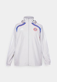 Lichtgrijze jas van gladde stof, met blauwe en rode accenten, een ritssluiting aan de voorkant, een capuchon en een logo op de borst. Elastische manchetten en zijzakken.