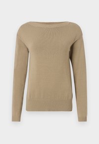 Beige strikkegenser med vid hals, lange ermer og ribbede mansjetter og nederkant. Jevn tekstur og jevn søm overalt.
