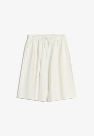 Shorts bianchi in cotone con vita regolabile tramite cordoncino, davanti plissettato e tasche laterali. Il tessuto sembra morbido e leggero.