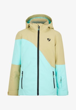 Leichte Jacke mit einem Farbblockdesign in Mint und Beige, mit Reißverschluss vorne, abnehmbarer Kapuze und zwei seitlichen Reißverschlusstaschen.