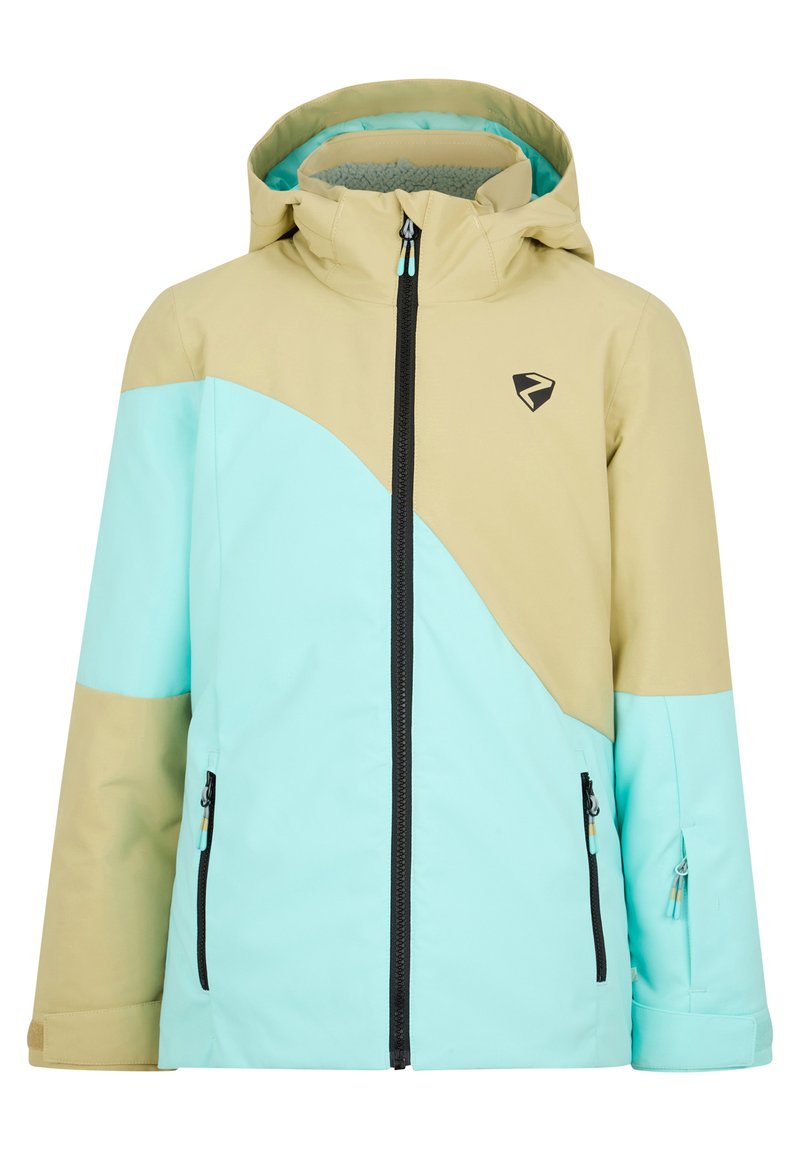 Leichte Jacke mit einem Farbblockdesign in Mint und Beige, mit Reißverschluss vorne, abnehmbarer Kapuze und zwei seitlichen Reißverschlusstaschen.