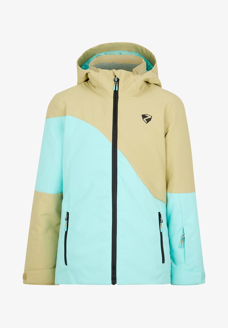 Lightweight jacket featuring a color-block design in mint and beige, with a zip-up front, detachable hood, and two zippered side pockets.