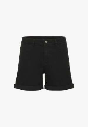 Pantalones cortos de denim negro con dobladillo enrollado, que presentan un cierre de botón y bolsillos frontales. Fabricados en tejido de algodón texturizado. Diseño de corte recto.