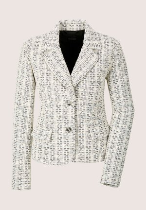 Damenblazer aus cremefarbenem und schwarzem Tweed mit Reverskragen, zwei Knöpfen und vorderen Klappentaschen.