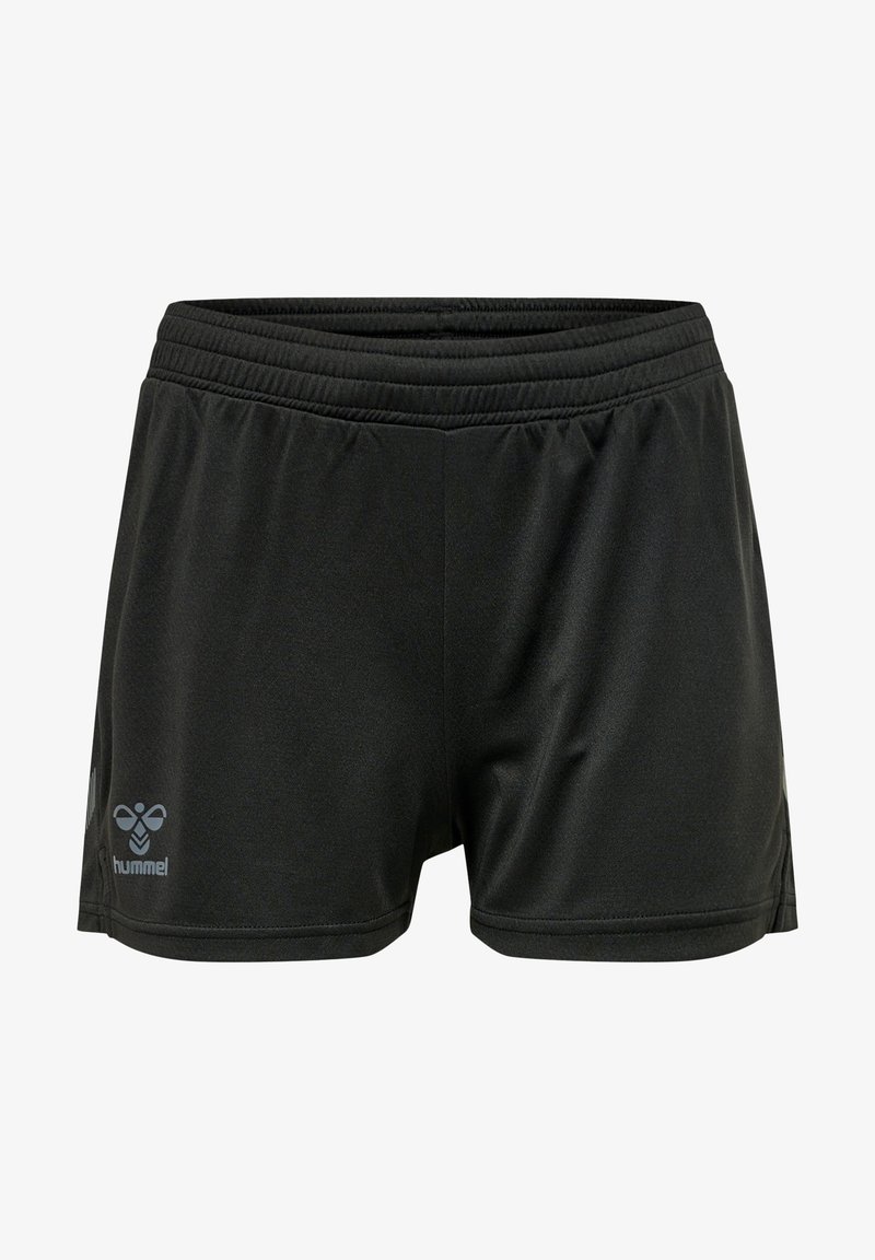 Shorts de sport noirs avec ceinture élastique et petit logo colibri sur la partie inférieure de la jambe gauche, confectionnés en tissu léger et respirant.