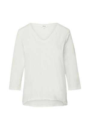 Biała koszulka z dekoltem w serek, z długim rękawem sięgającym do połowy przedramienia oraz lekko zaokrąglonym dołem, marki s.Oliver, rozmiar 36.