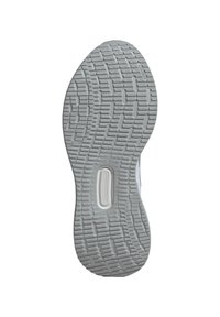Γκρι λαστιχένια σόλα παπουτσιού με ορθογώνιο και υφασμένο πέλμα και ορατό παράθυρο απορρόφησης κραδασμών στη μέση της σόλας στην περιοχή της φτέρνας.