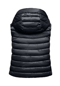 Gilet nero imbottito con cappuccio alto e arrotondato. Il materiale esterno è liscio, con pannelli trapuntati orizzontali per l'isolamento.